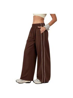 Cotton Blend Wide Leg Sweatpants Double Stripe Elastic Waist Lounge Pants